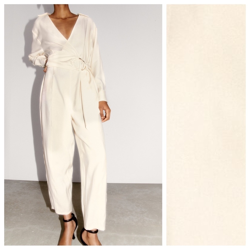 NWT. Zara Cream Modal Blend Double-Breasted Jumpsuit with Gold Buckle. Size L. - Picture 2 of 10